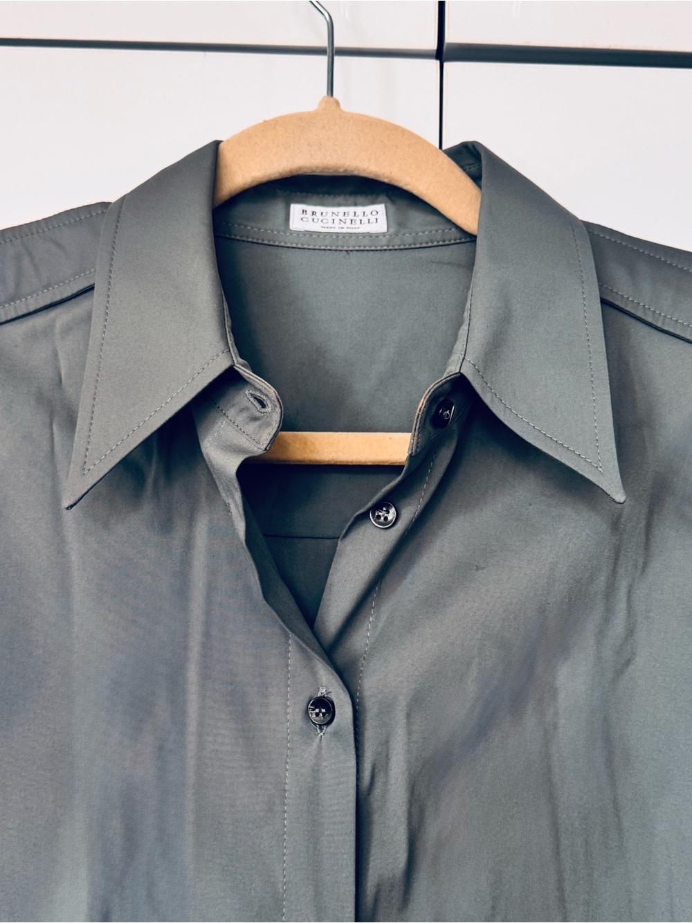 Brunello Cucinelli Olive Shirt with Pointed Collar and Shoulder Detail